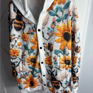 Women’s Fleece Hooded Jacket Bumble Bee Sunflower White/Orange/ Blue Sz Small